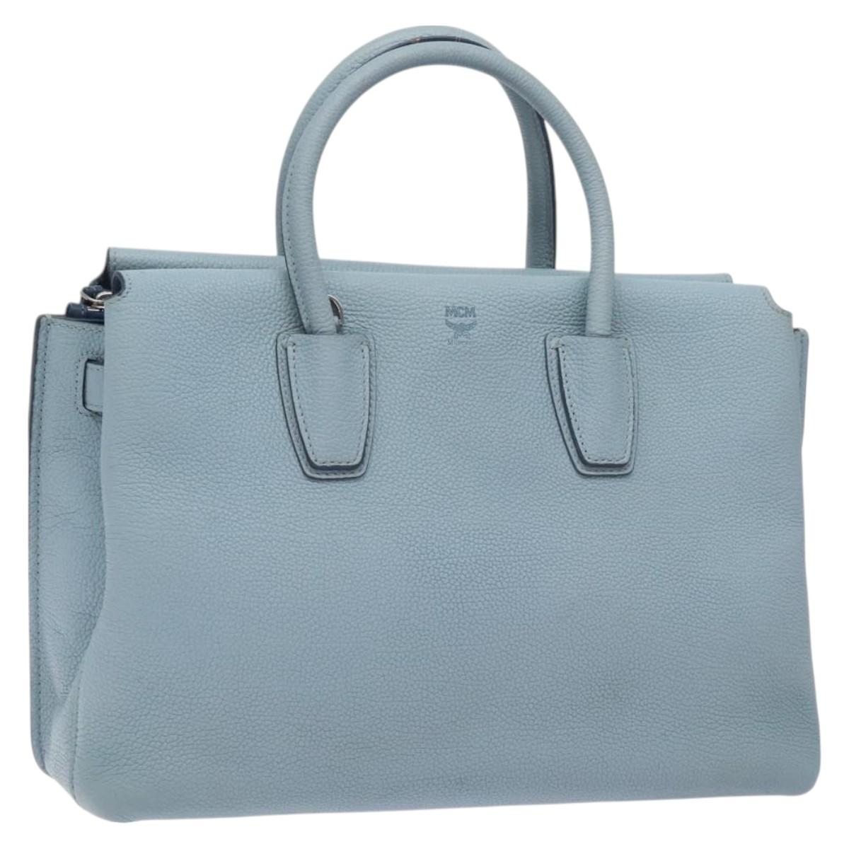 MCM Hand Bag Leather Light Blue Silver Auth BA3318