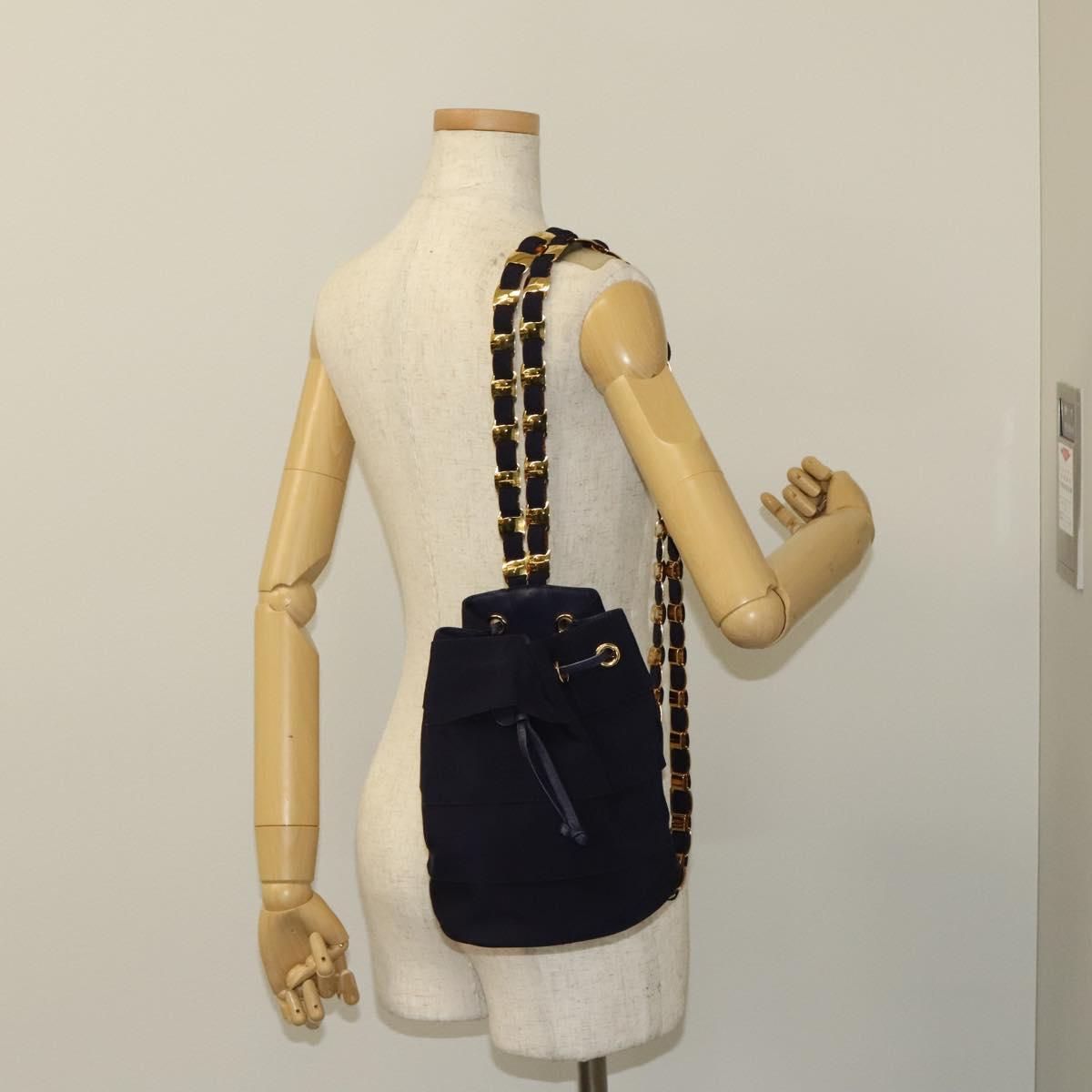 Salvatore Ferragamo Vala Chain Backpack Canvas Navy Gold Auth BA3335
