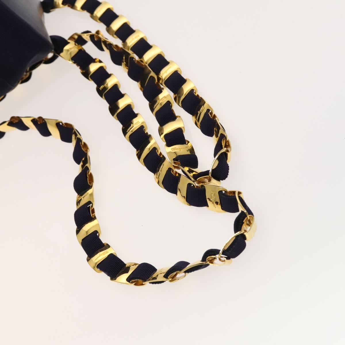 Salvatore Ferragamo Vala Chain Backpack Canvas Navy Gold Auth BA3335