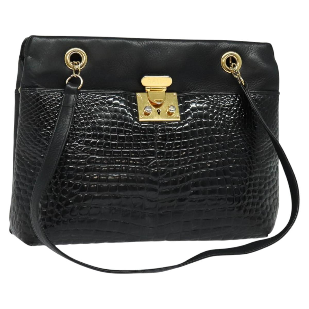 BALLY Tote Bag Leather Embossed Black Gold Auth BA3415