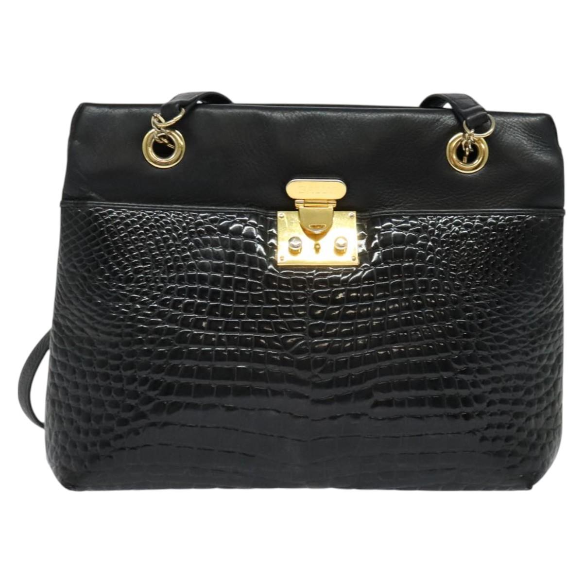 BALLY Tote Bag Leather Embossed Black Gold Auth BA3415