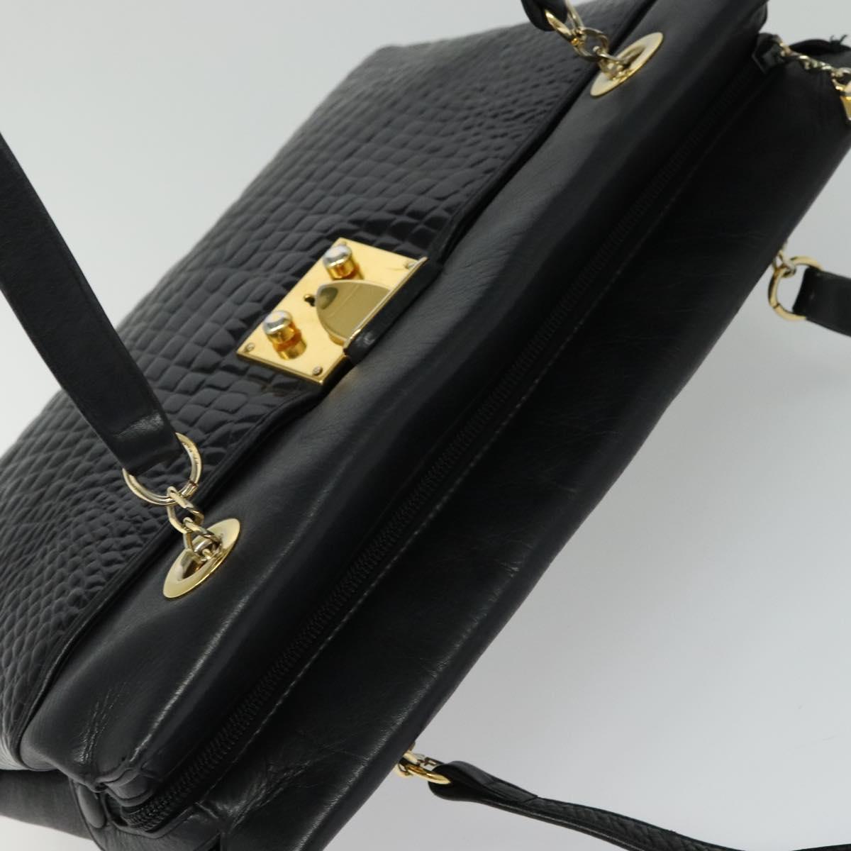 BALLY Tote Bag Leather Embossed Black Gold Auth BA3415