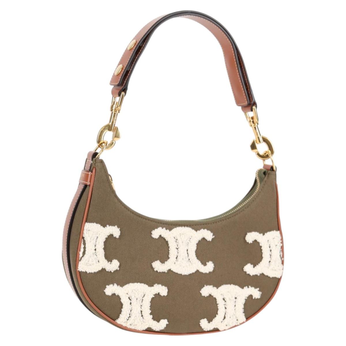 CELINE Triomphe Ava Shoulder Bag Canvas Leather Pile Khaki Gold Auth BA3420M