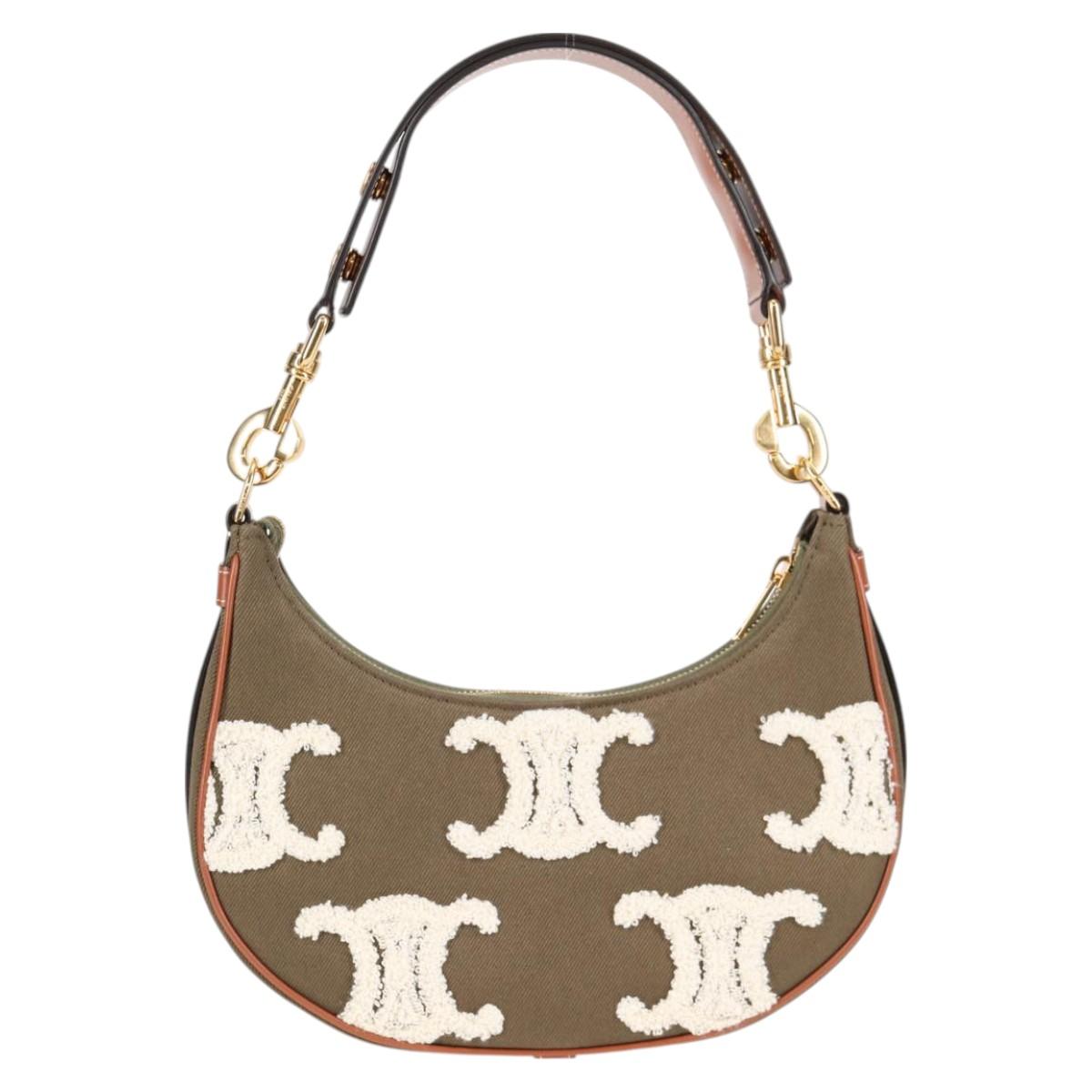 CELINE Triomphe Ava Shoulder Bag Canvas Leather Pile Khaki Gold Auth BA3420M