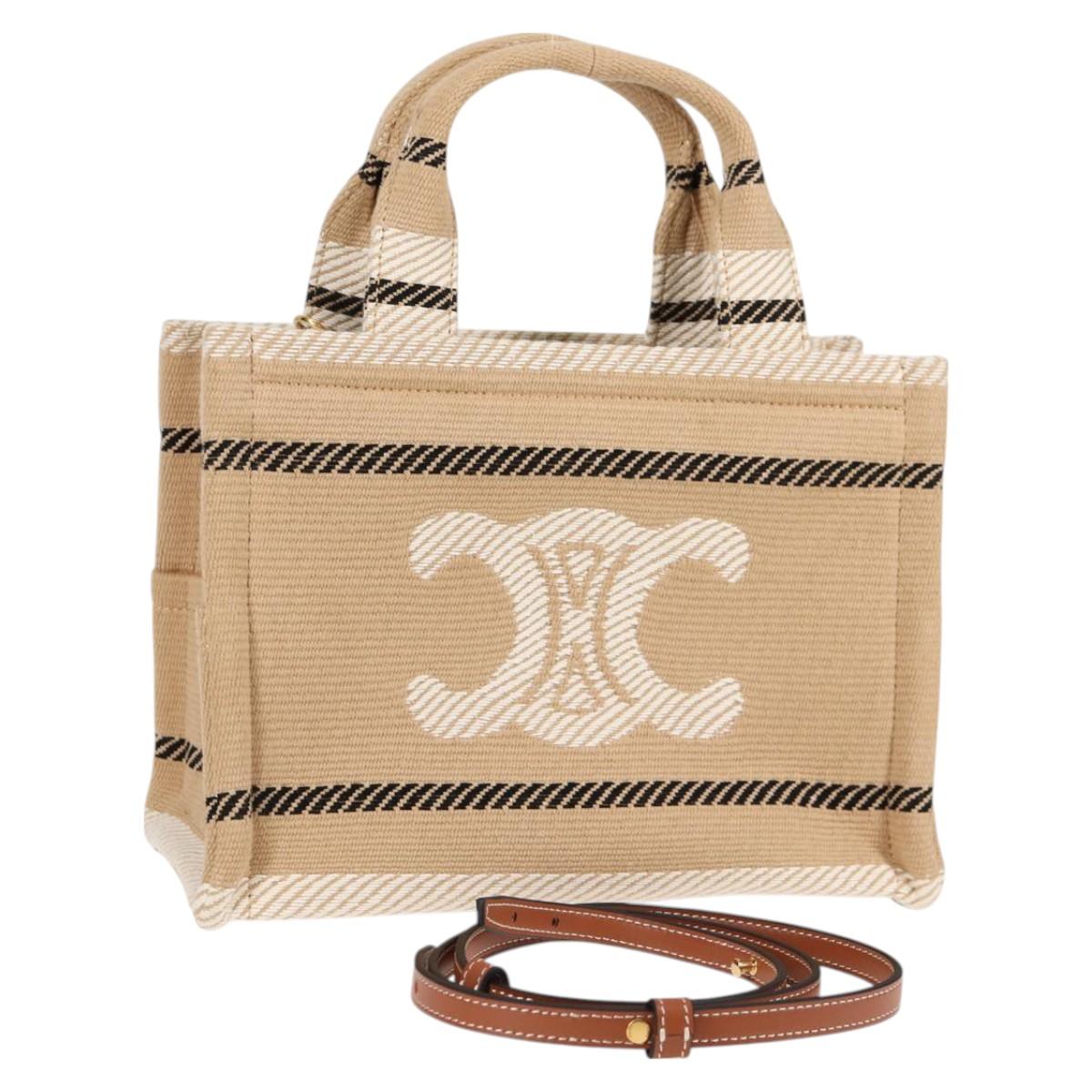 CELINE Triomphe Small Cabas Tice Tote Bag Canvas Beige Gold Auth BA3442M