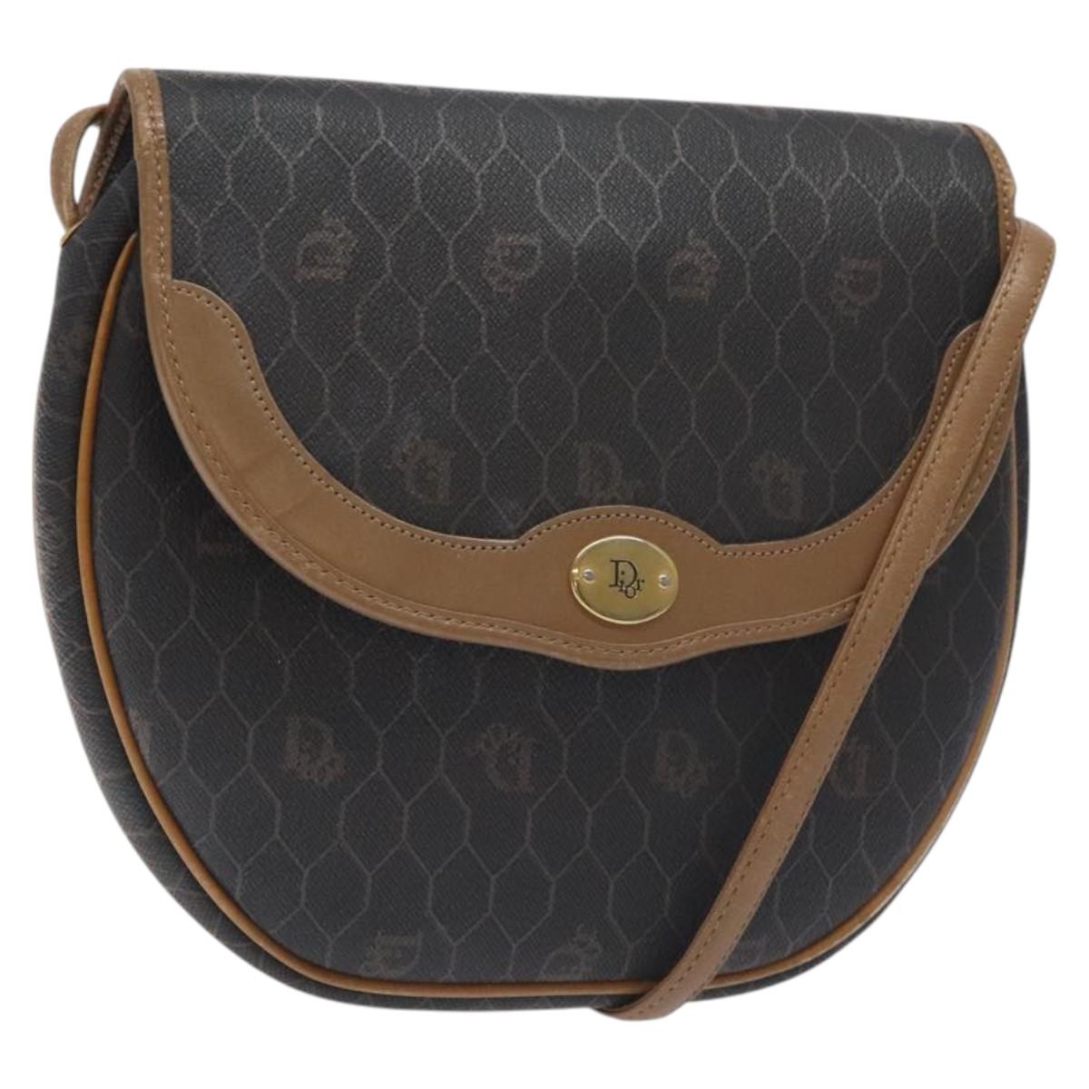 Christian Dior Honeycomb Canvas Shoulder Bag PVC Leather Black Gold Auth BA3446