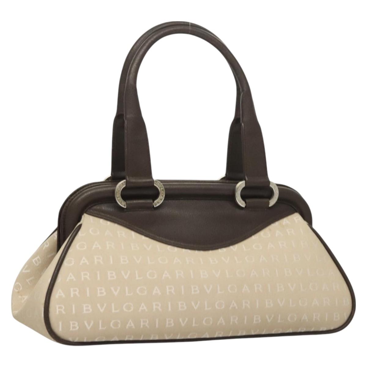 BVLGARI Logo Mania Tote Bag Canvas Leather Beige Silver Auth BA3461
