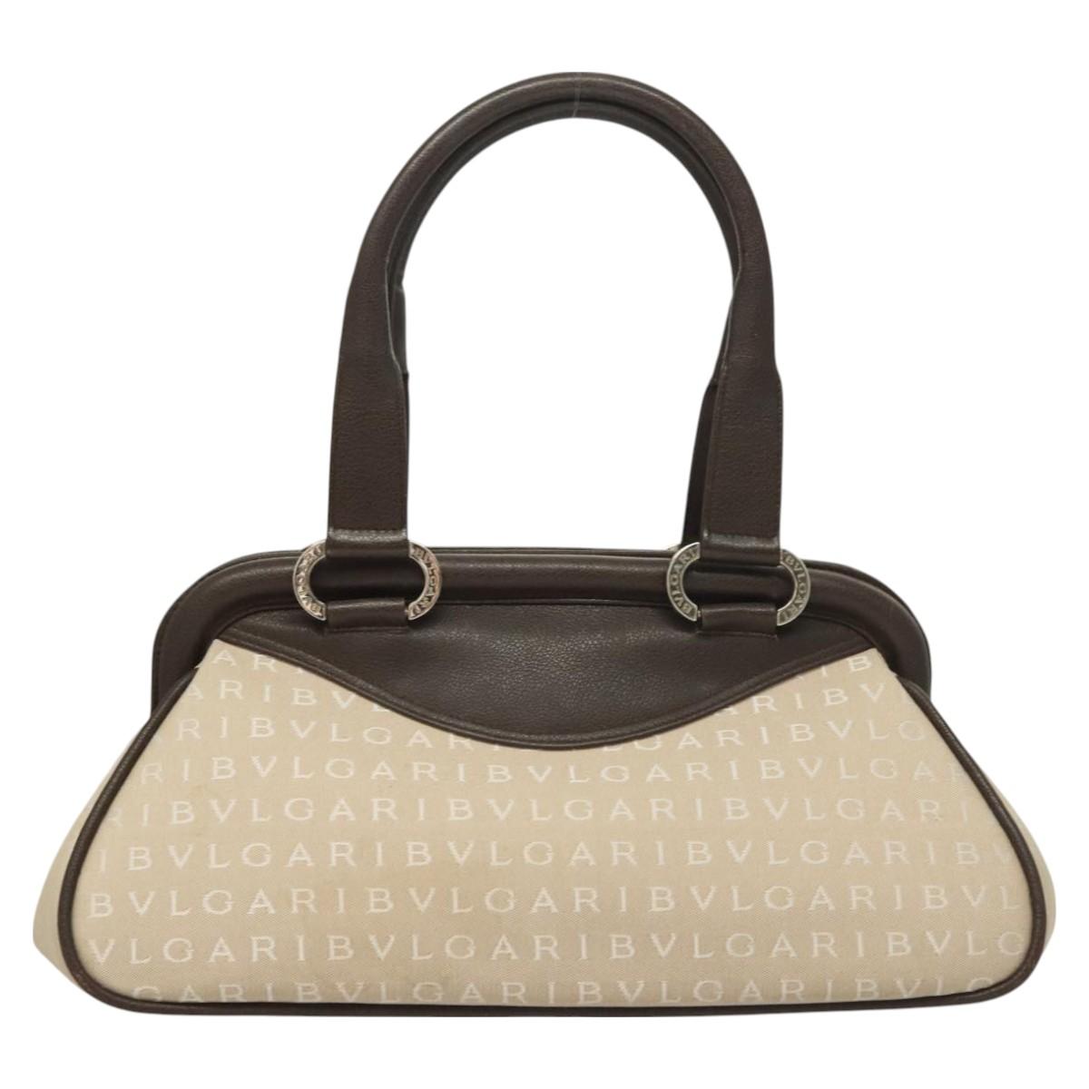 BVLGARI Logo Mania Tote Bag Canvas Leather Beige Silver Auth BA3461