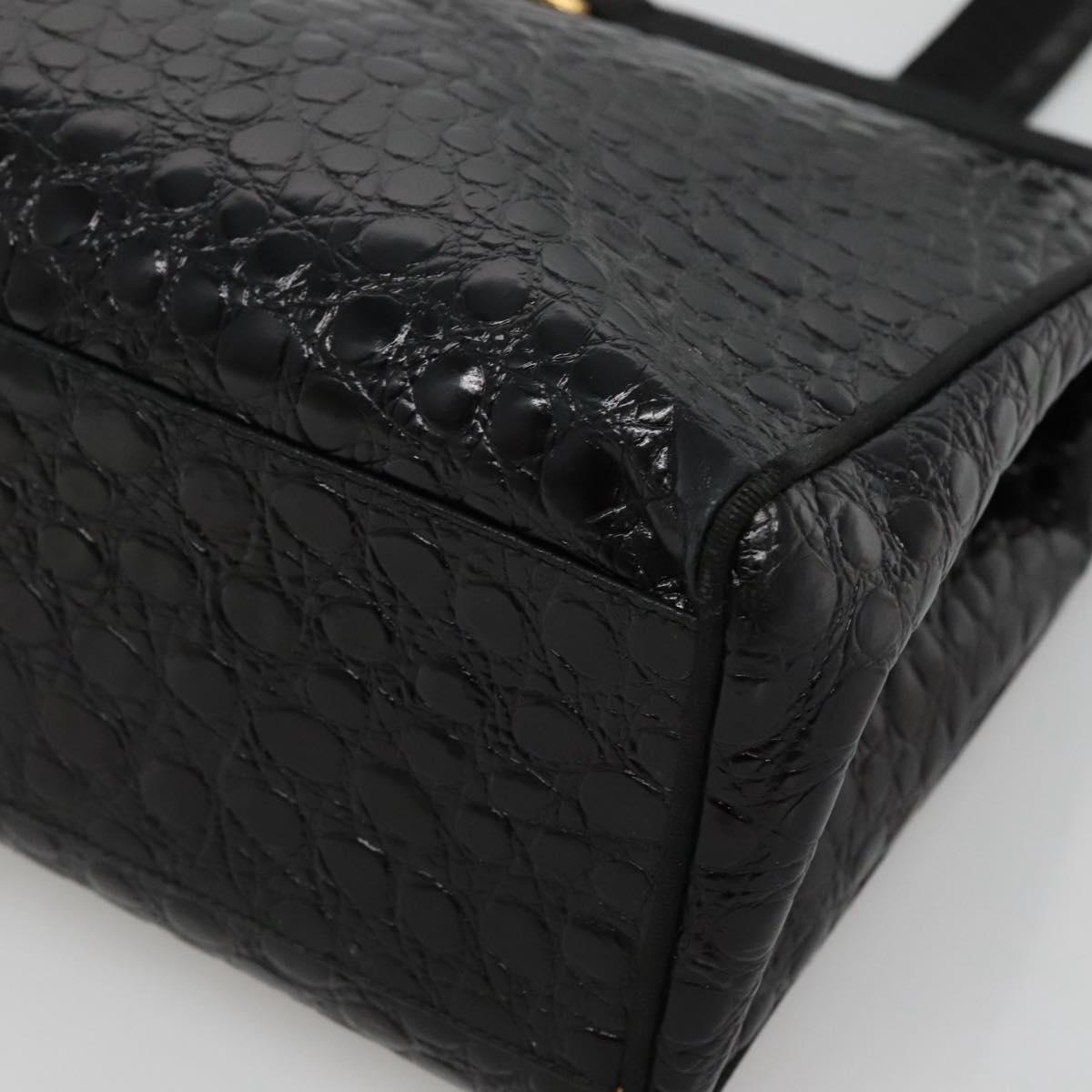 Salvatore Ferragamo Vala Tote Bag Leather Embossed Black Gold Auth BA3465