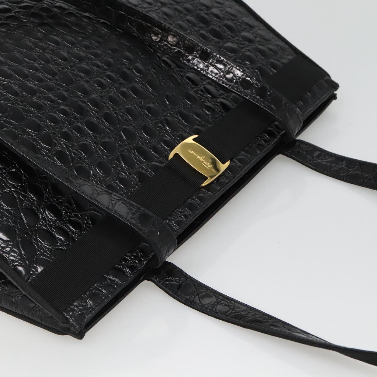 Salvatore Ferragamo Vala Tote Bag Leather Embossed Black Gold Auth BA3465