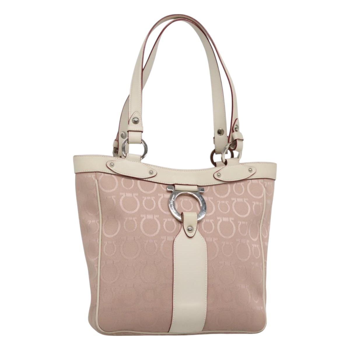 Salvatore Ferragamo Gancini Tote Bag Canvas Leather Pink Silver Auth BA3467