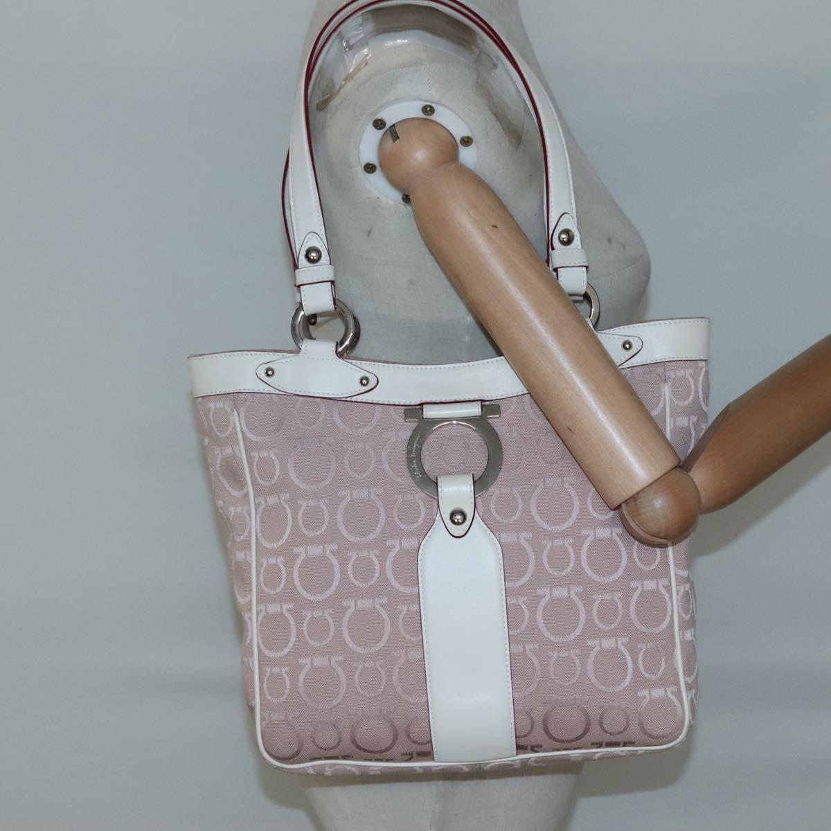 Salvatore Ferragamo Gancini Tote Bag Canvas Leather Pink Silver Auth BA3467
