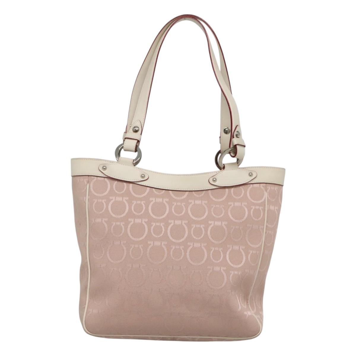 Salvatore Ferragamo Gancini Tote Bag Canvas Leather Pink Silver Auth BA3467