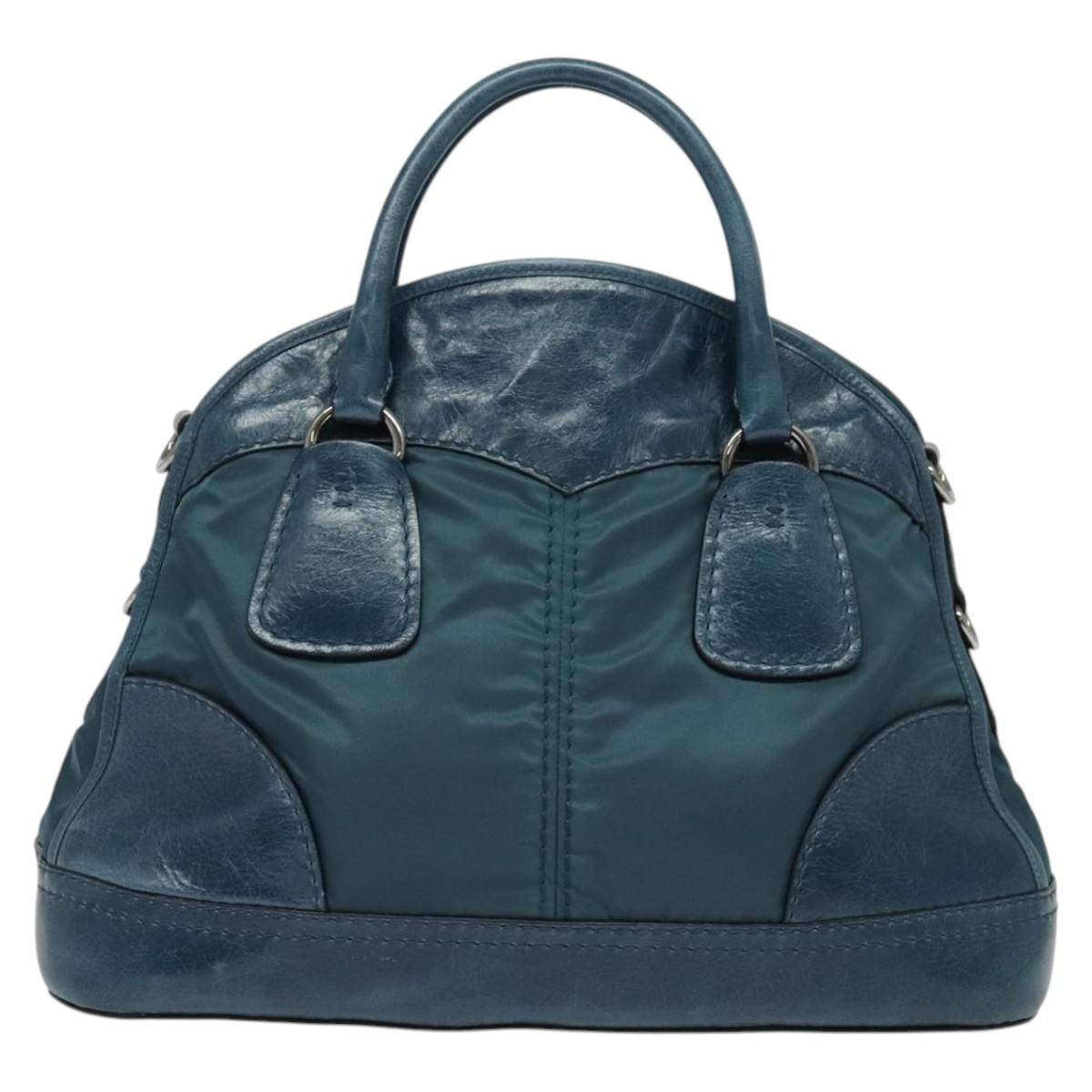 PRADA Hand Bag Nylon Leather Blue Silver Auth BA3485V