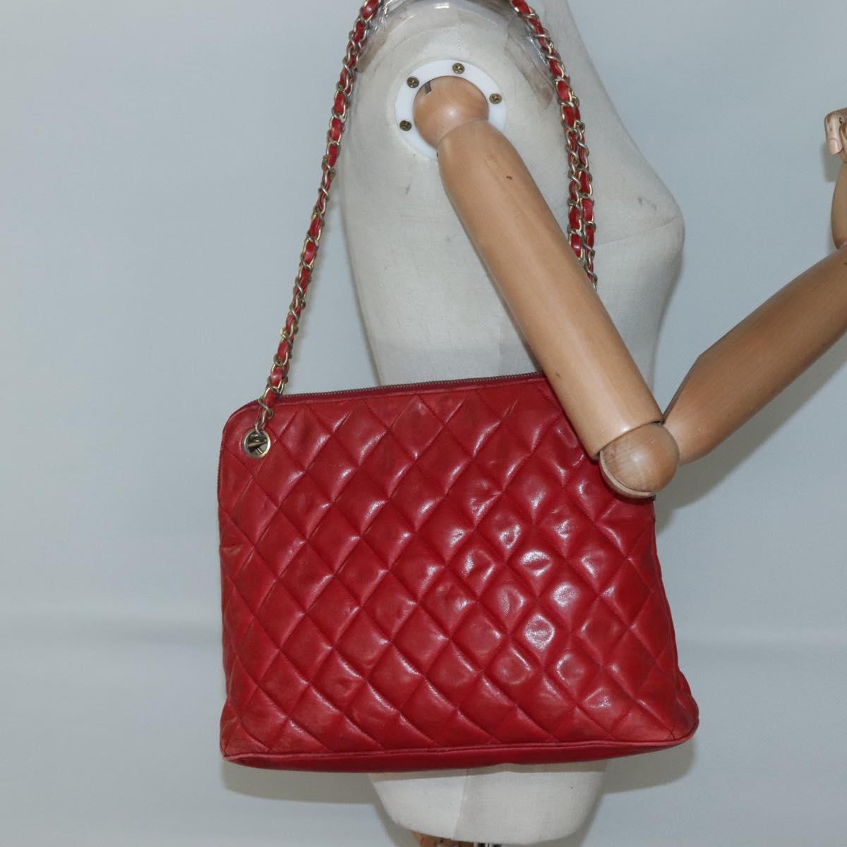 CHANEL Matelasse Chain Shoulder Bag Lamb Skin Red Gold CC Auth BA3499