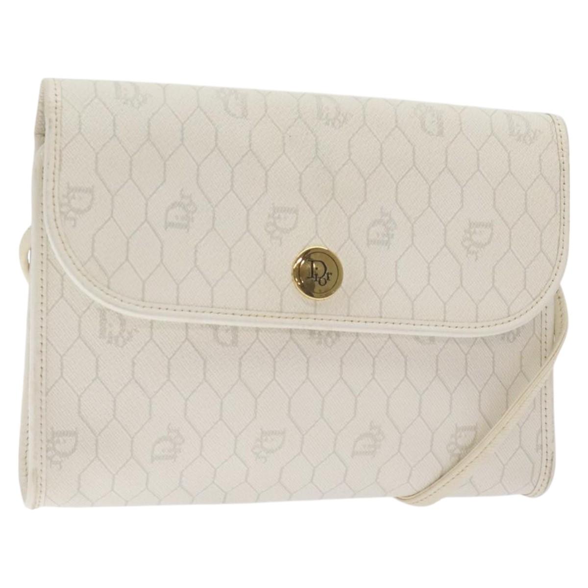 Christian Dior Honeycomb Canvas Shoulder Bag PVC White Gold Auth BA3542