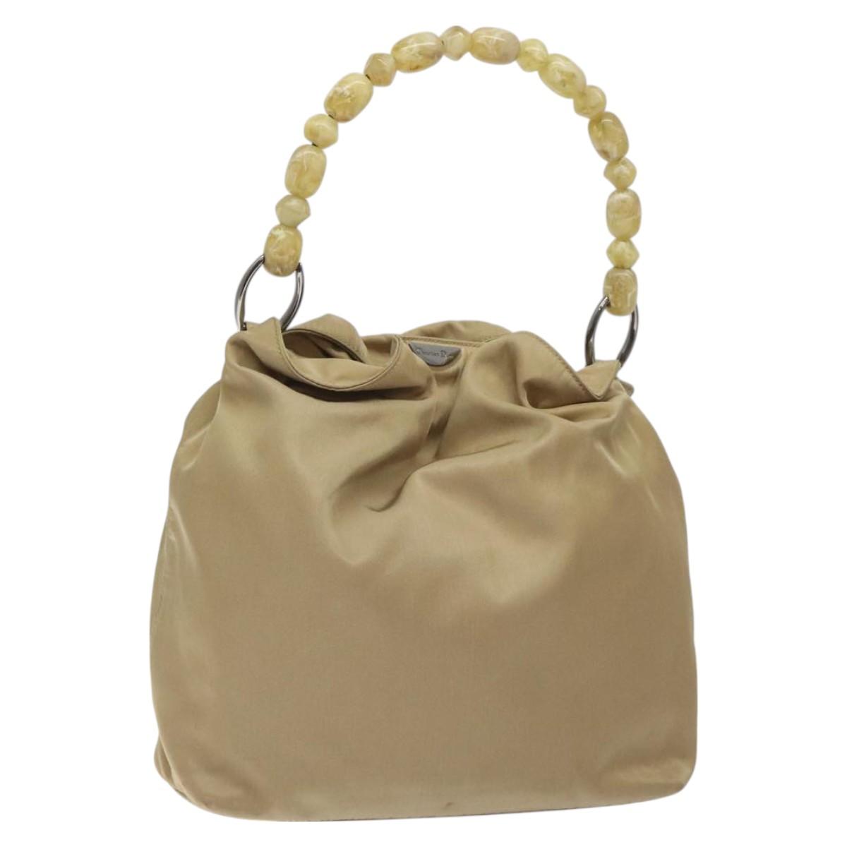 Christian Dior Maris Pearl Shoulder Bag Nylon Beige Silver Auth BA3544