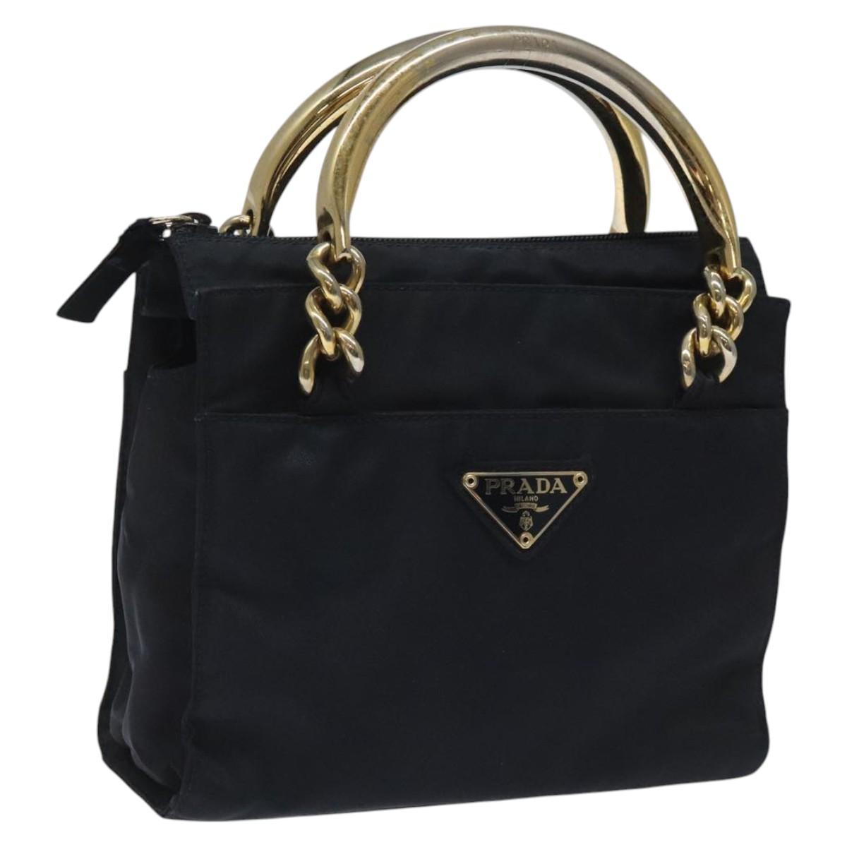 PRADA Hand Bag Nylon Navy Gold Auth BA355