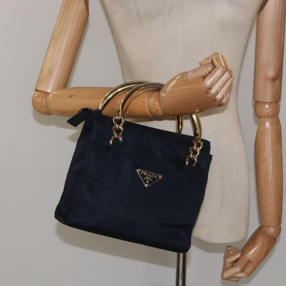 PRADA Hand Bag Nylon Navy Gold Auth BA355