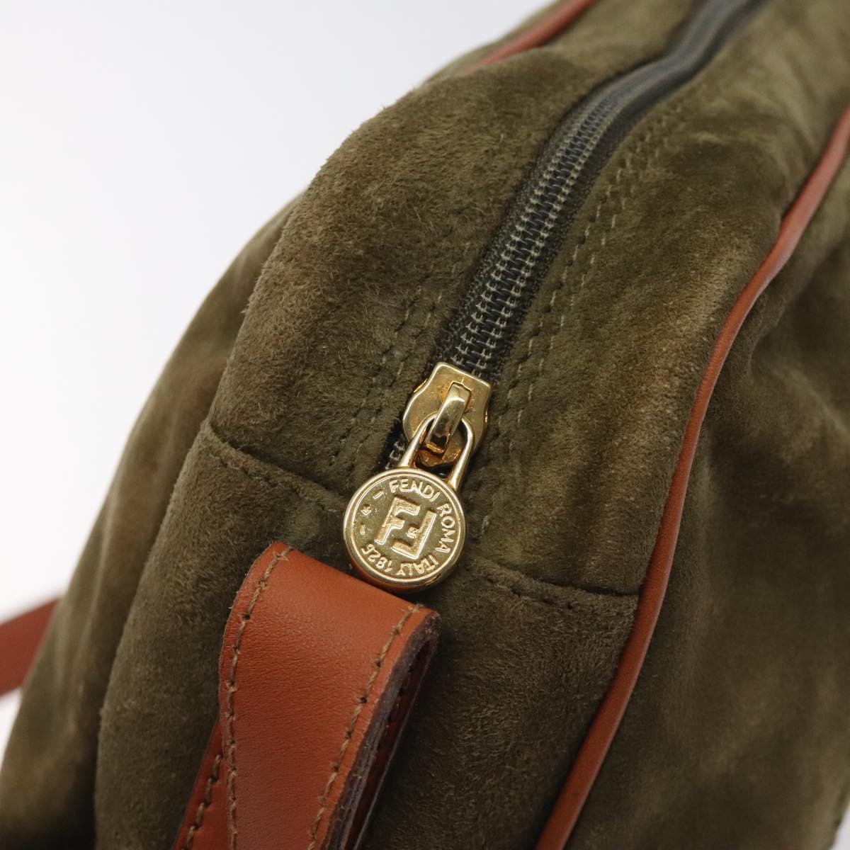 FENDI Shoulder Bag Suede Leather Khaki Gold Auth BA3594