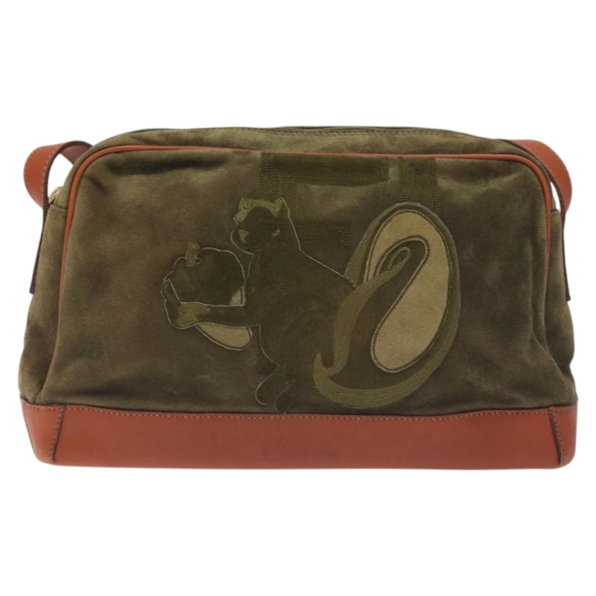 FENDI Shoulder Bag Suede Leather Khaki Gold Auth BA3594