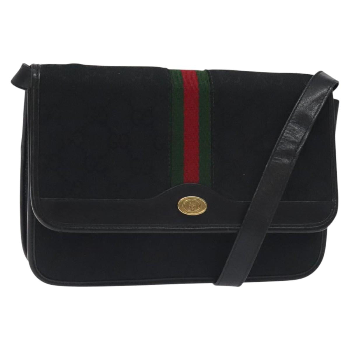 GUCCI GG Canvas Web Sherry Line Shoulder Bag Black Gold Red Auth BA3596