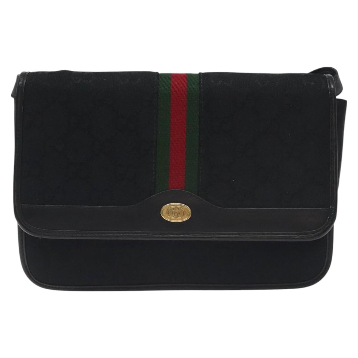 GUCCI GG Canvas Web Sherry Line Shoulder Bag Black Gold Red Auth BA3596