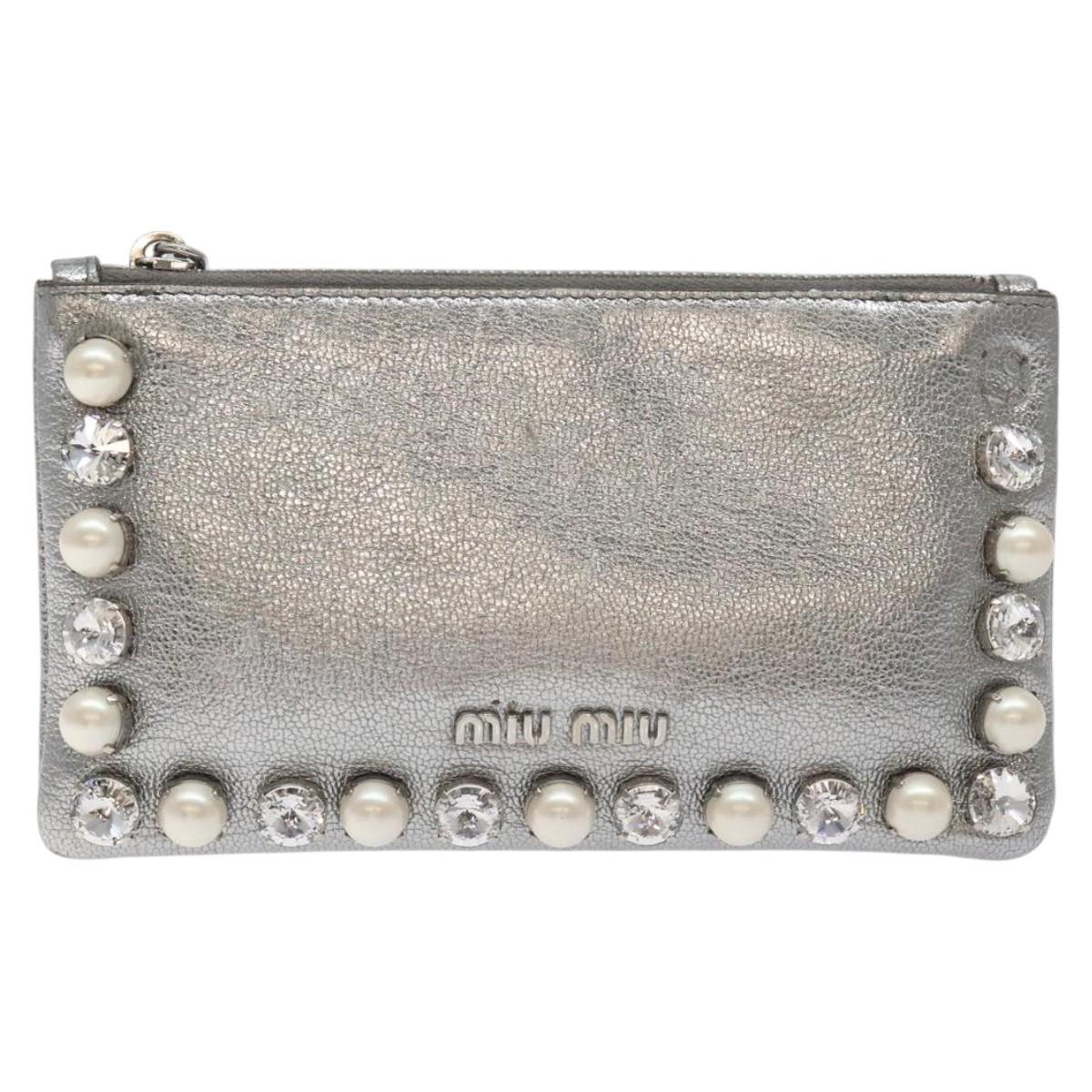 Miu Miu Pouch Leather Silver Auth BA3607