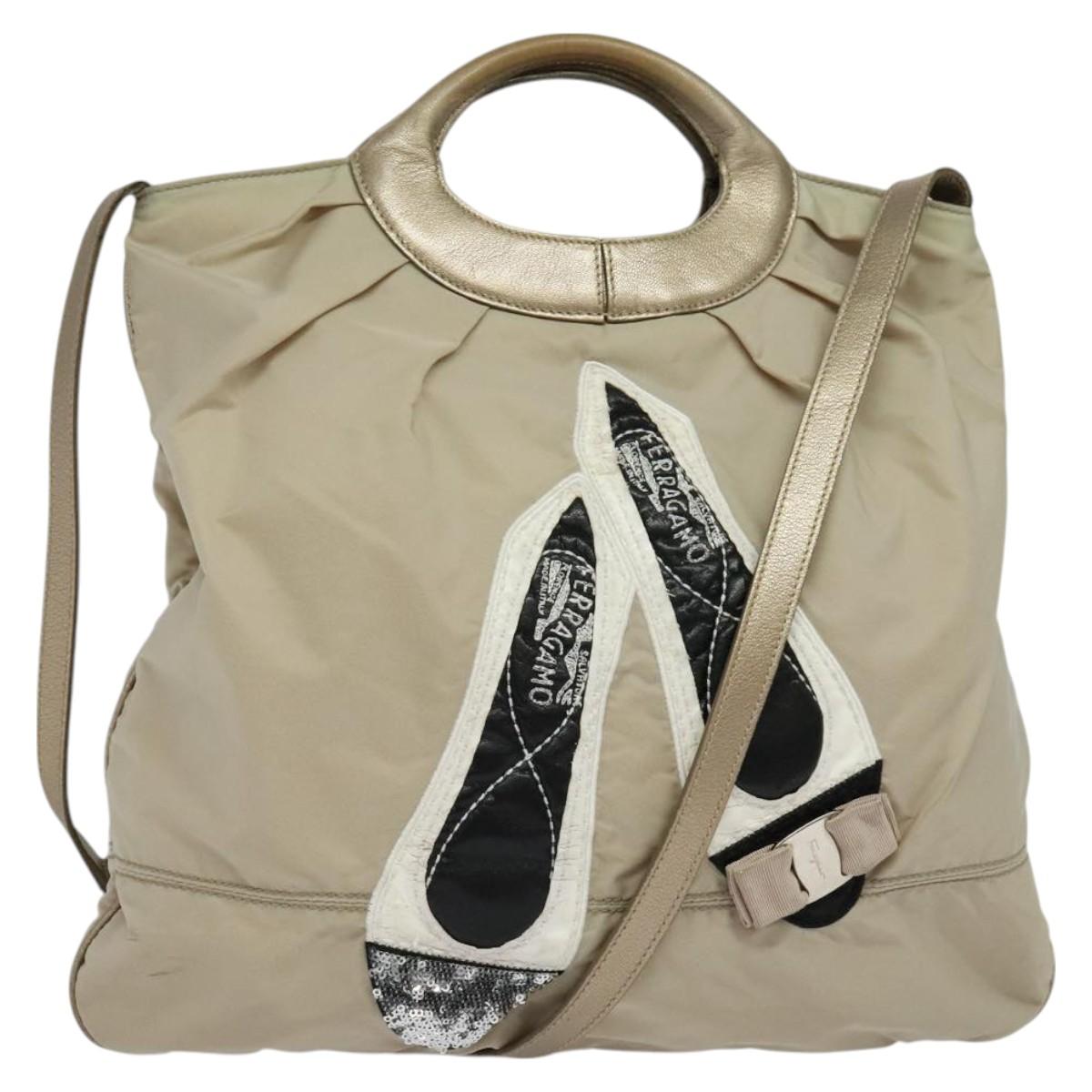 Salvatore Ferragamo Vala Hand Bag Nylon 2way Beige Silver Auth BA3615