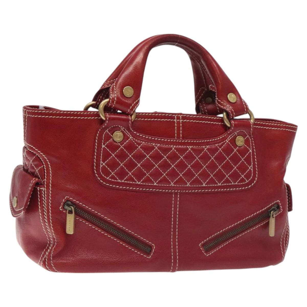 CELINE Hand Bag Leather Red Gold Auth BA3620