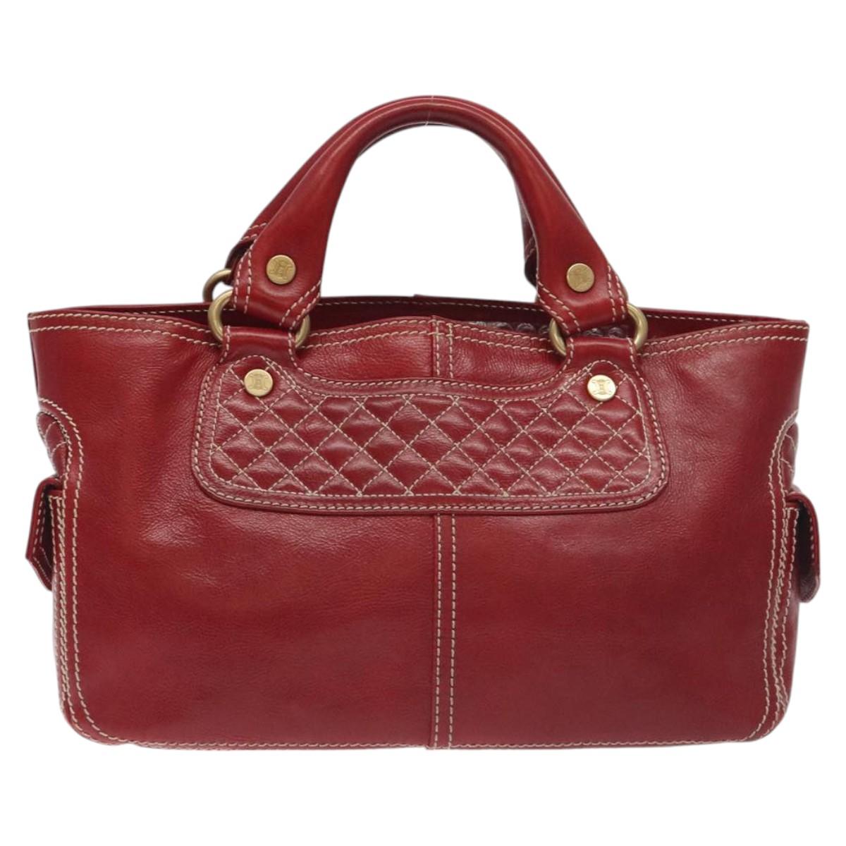 CELINE Hand Bag Leather Red Gold Auth BA3620