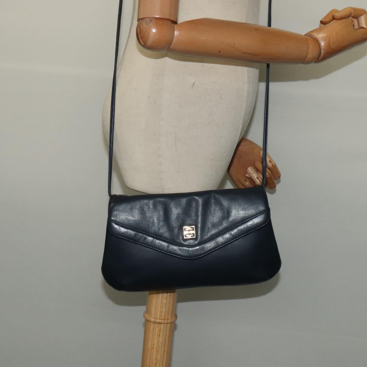 GIVENCHY Shoulder Bag Leather Navy Gold Auth BA3654