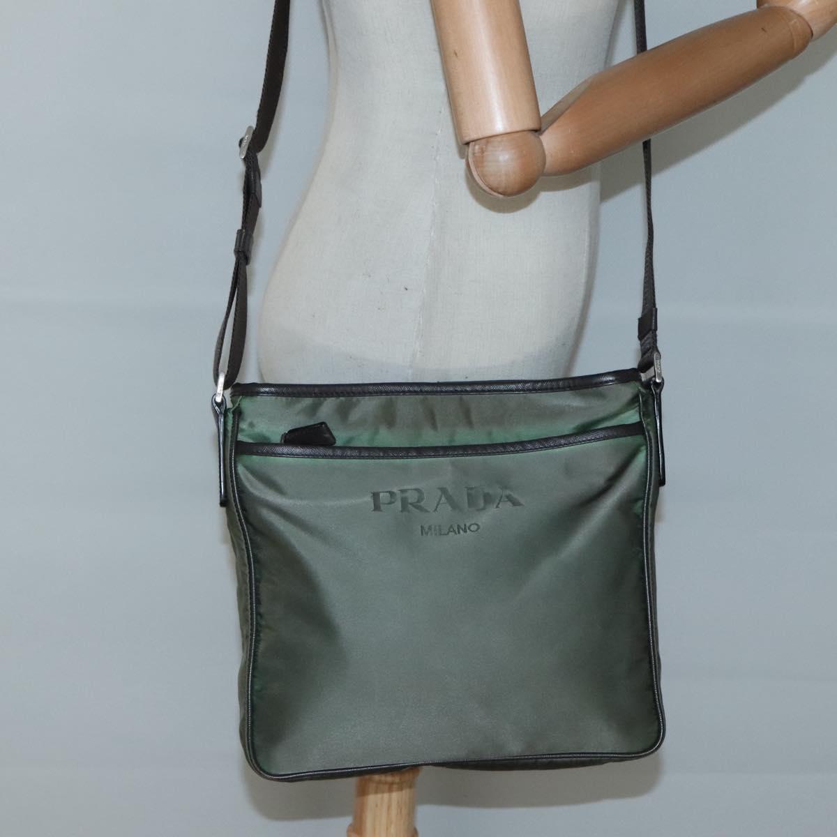 PRADA Shoulder Bag Nylon Khaki Silver Auth BA3657