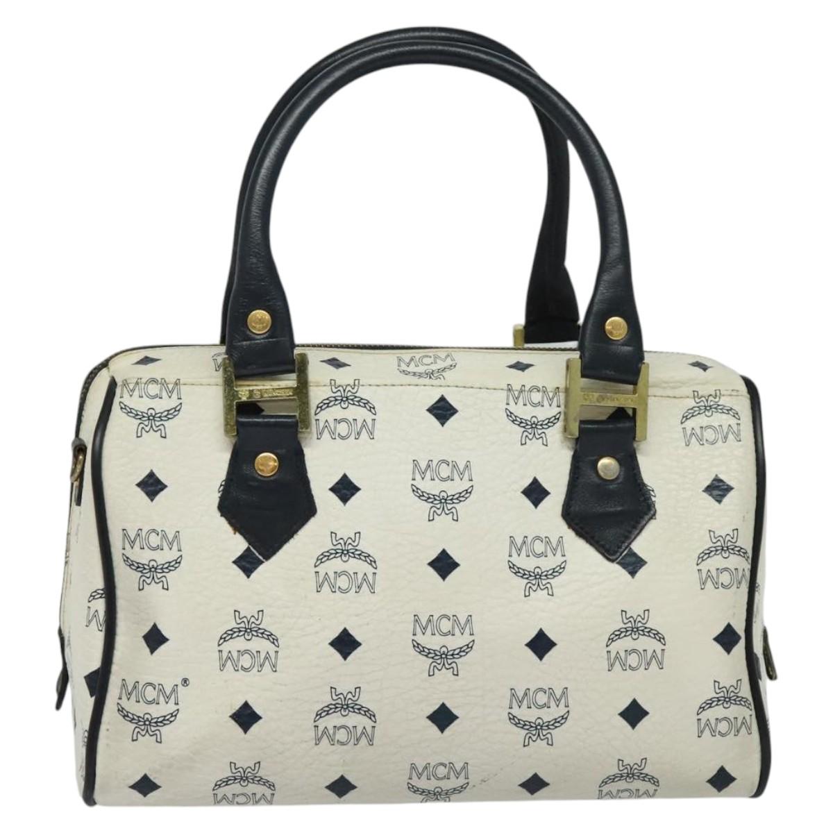 MCM Logogram Vicetos Hand Bag PVC Leather 2way White Gold Auth BA3660