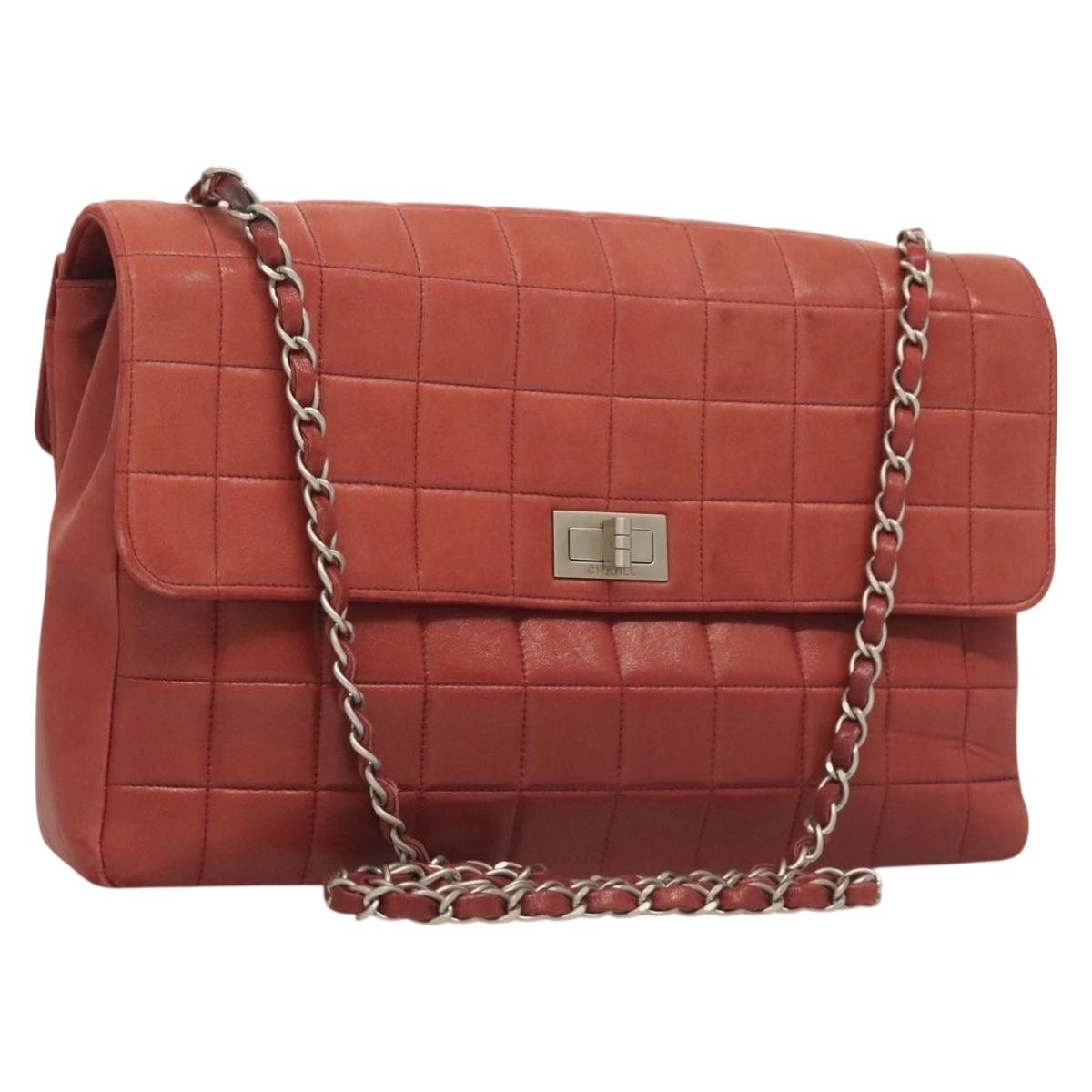 CHANEL Choco Bar Chain Shoulder Bag Lamb Skin Red Silver CC Auth BA3678