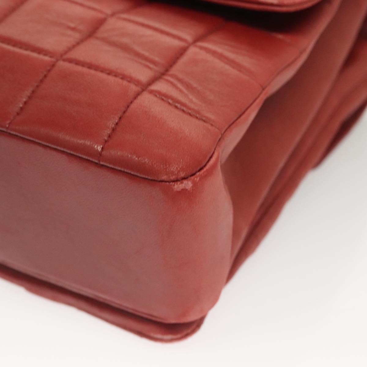 CHANEL Choco Bar Chain Shoulder Bag Lamb Skin Red Silver CC Auth BA3678
