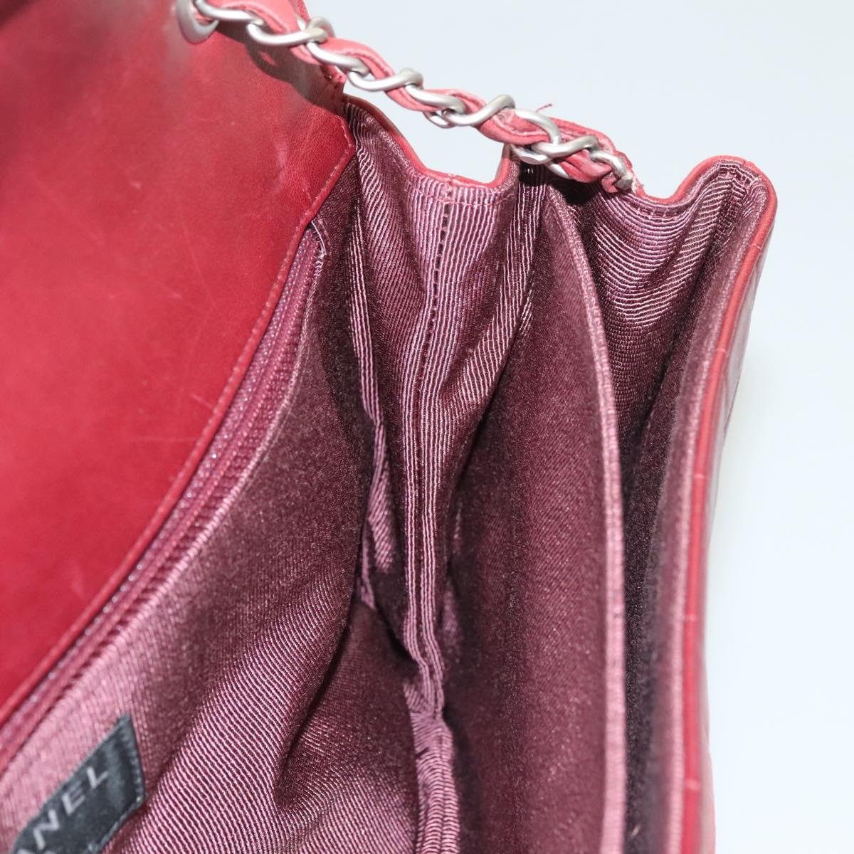 CHANEL Choco Bar Chain Shoulder Bag Lamb Skin Red Silver CC Auth BA3678