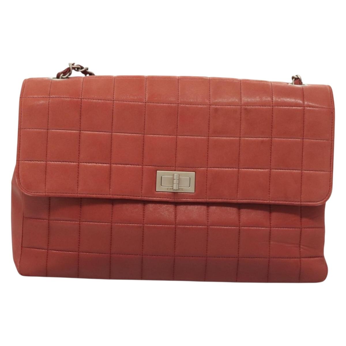 CHANEL Choco Bar Chain Shoulder Bag Lamb Skin Red Silver CC Auth BA3678