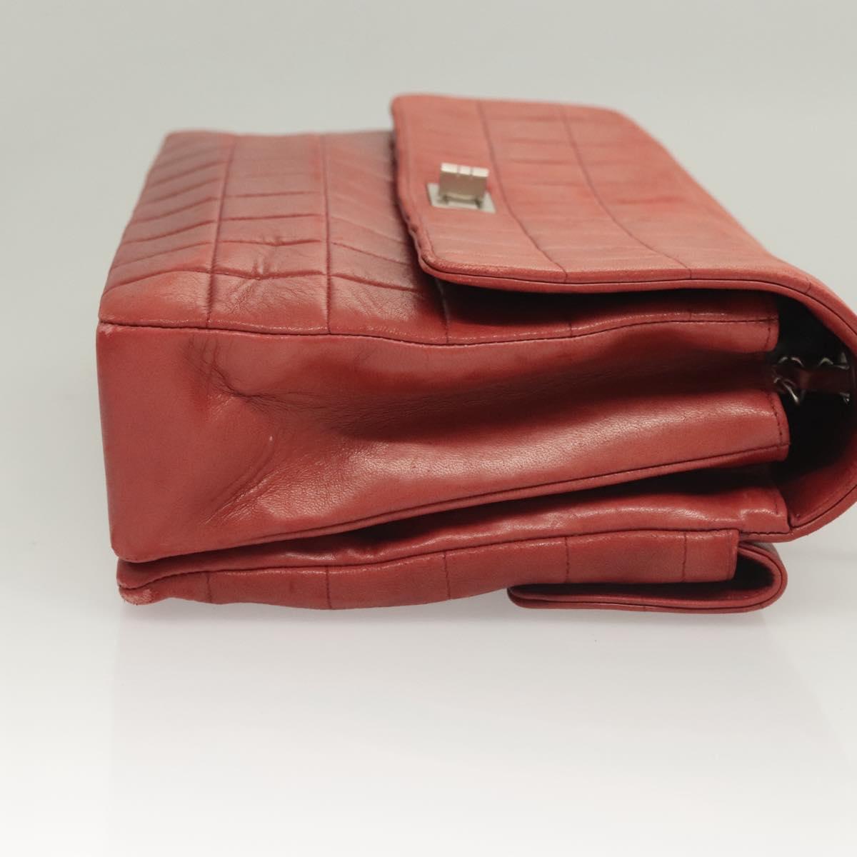 CHANEL Choco Bar Chain Shoulder Bag Lamb Skin Red Silver CC Auth BA3678