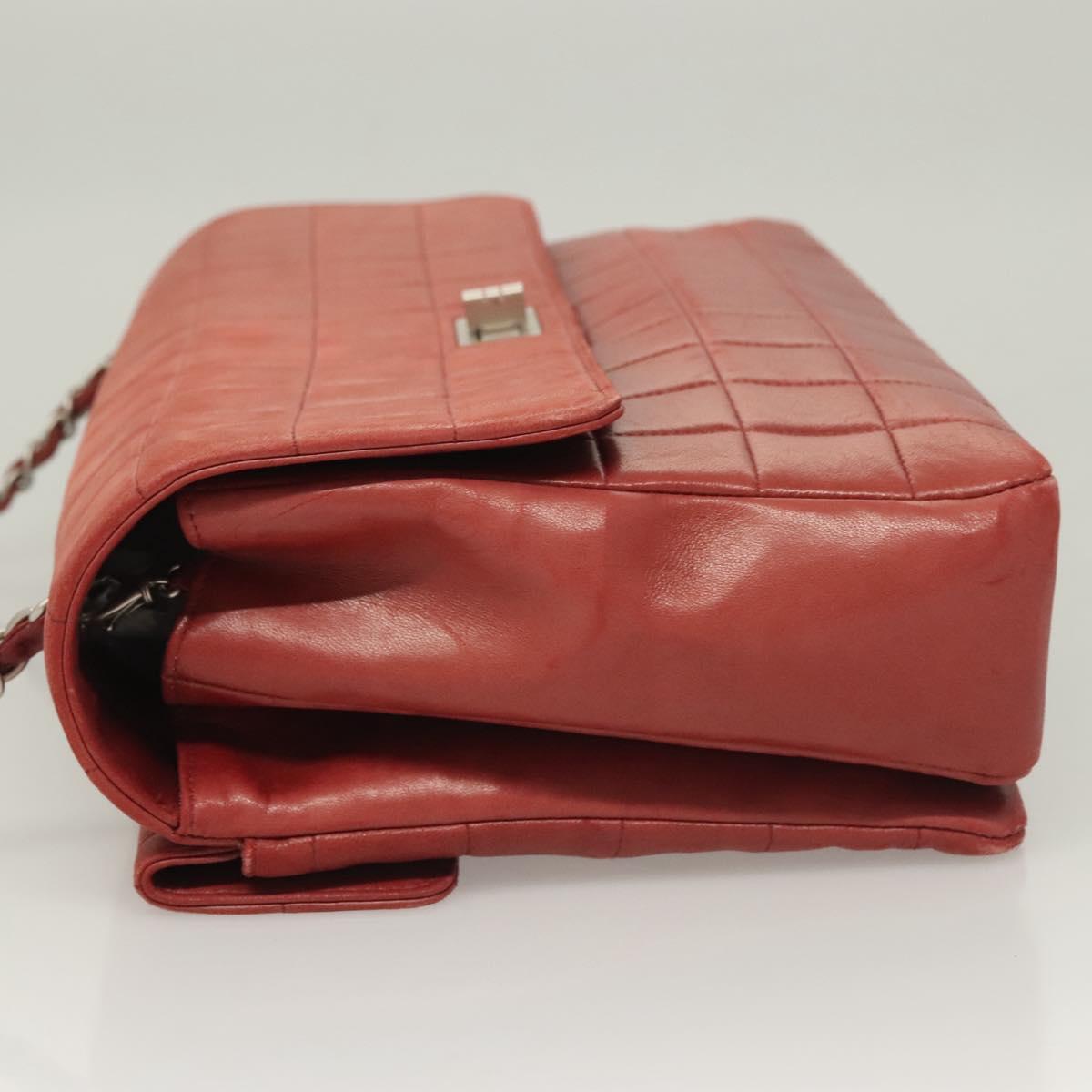 CHANEL Choco Bar Chain Shoulder Bag Lamb Skin Red Silver CC Auth BA3678
