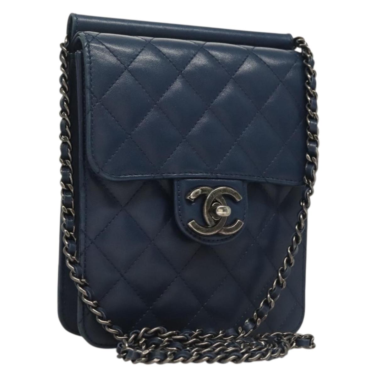 CHANEL Chain Shoulder Bag Lamb Skin Blue CC Auth BA3679