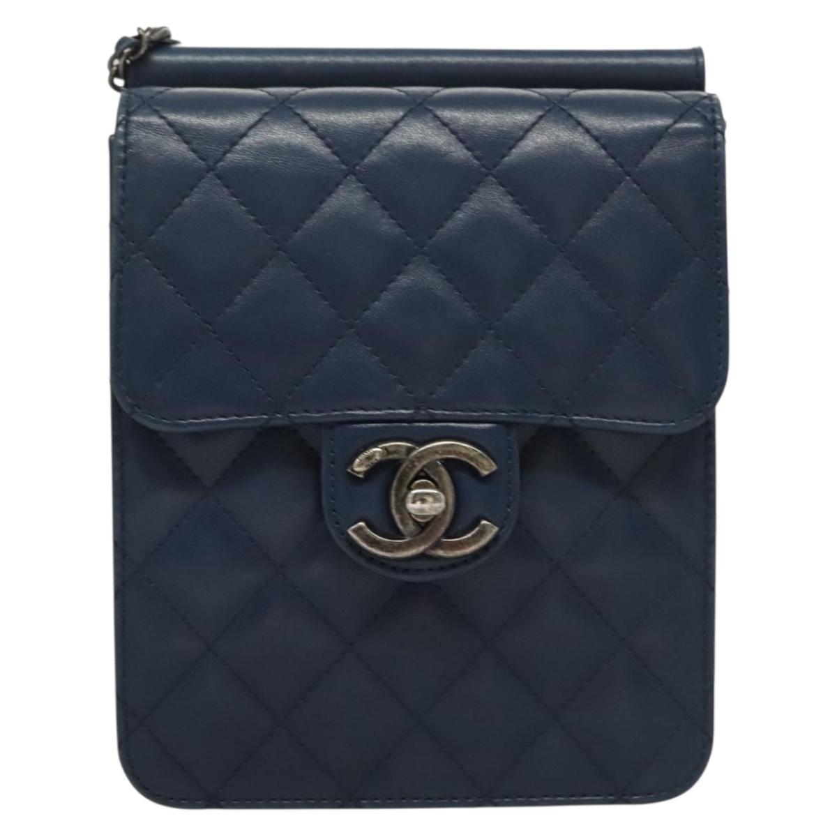 CHANEL Chain Shoulder Bag Lamb Skin Blue CC Auth BA3679