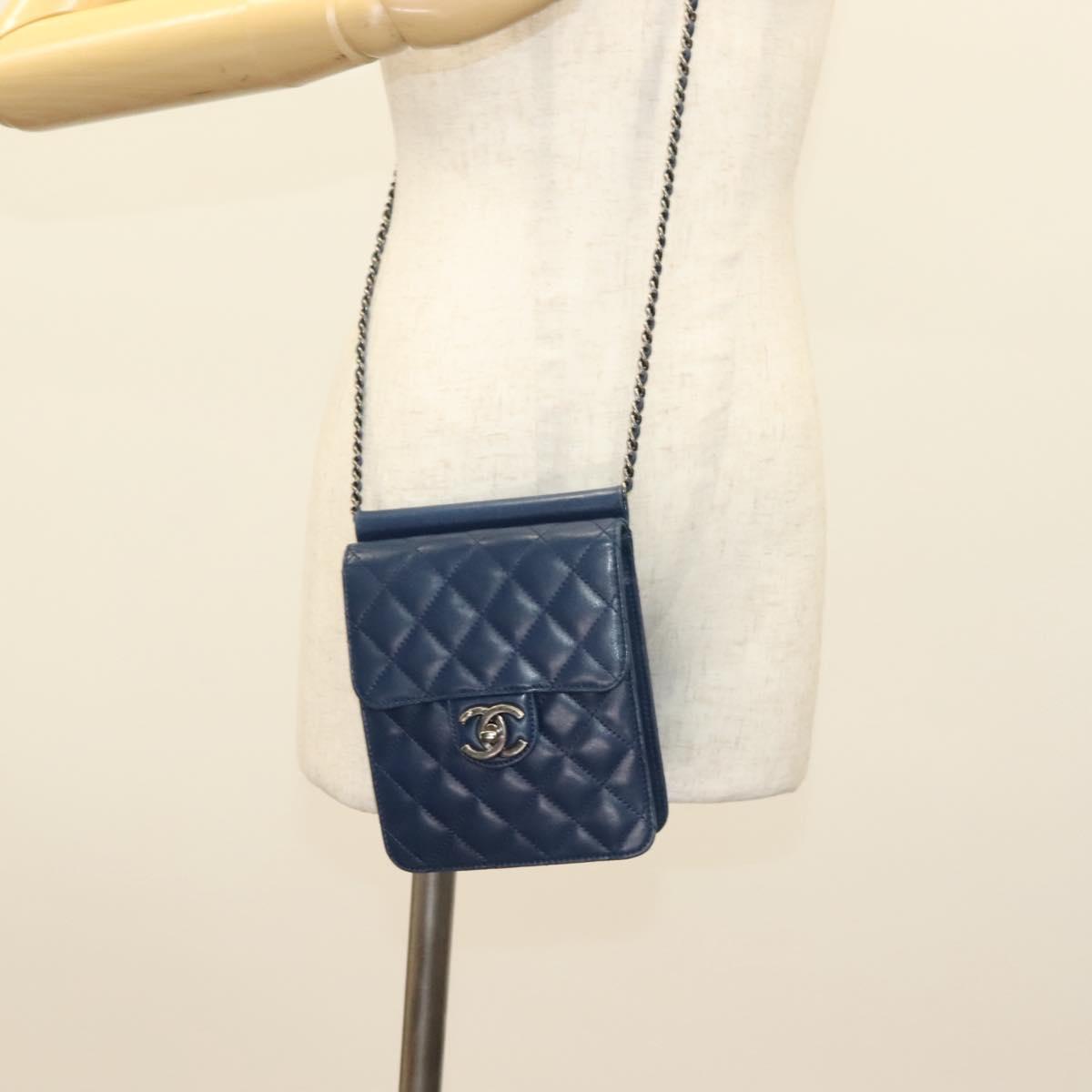 CHANEL Chain Shoulder Bag Lamb Skin Blue CC Auth BA3679