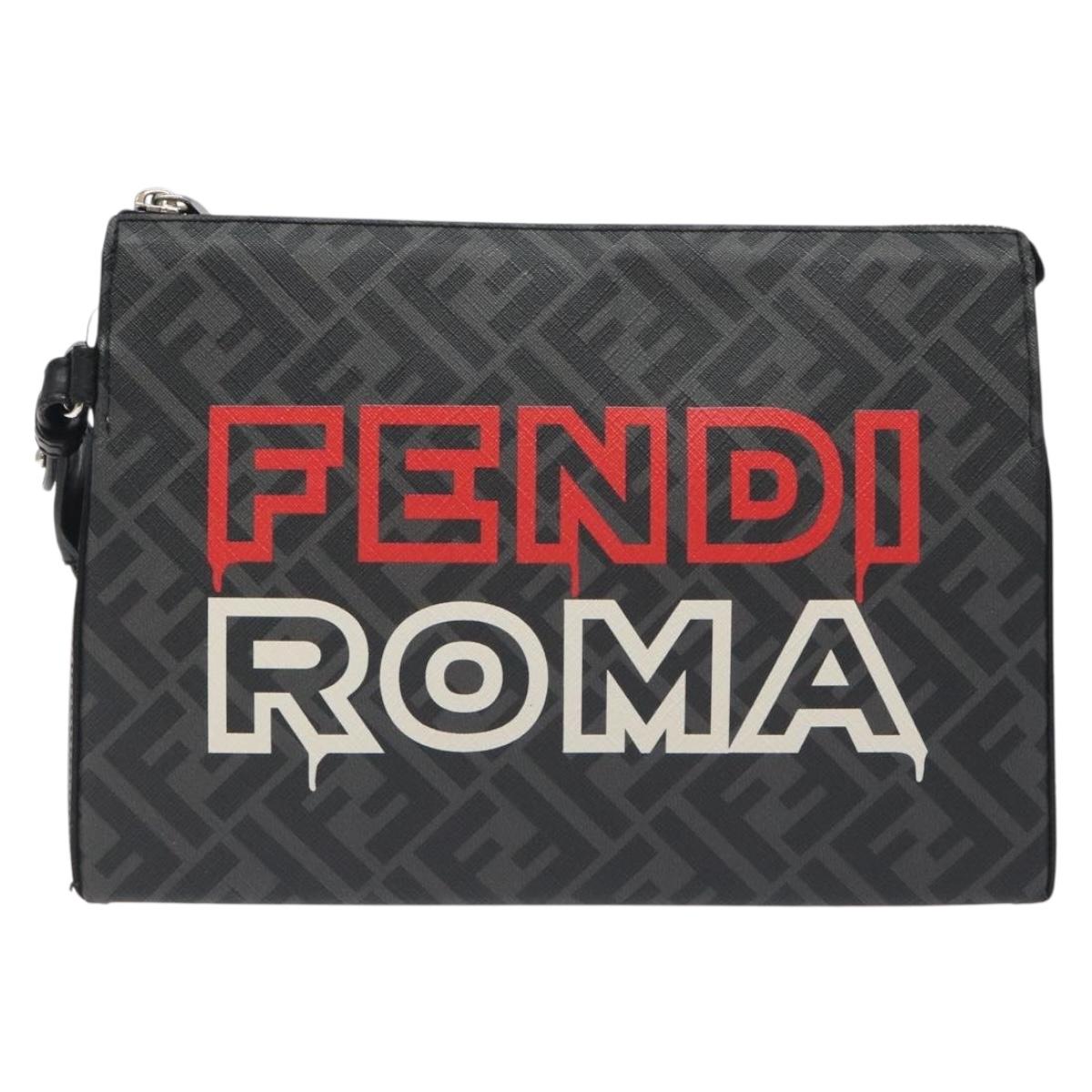FENDI Zucca Canvas Clutch Bag PVC Black Silver Auth BA3687M