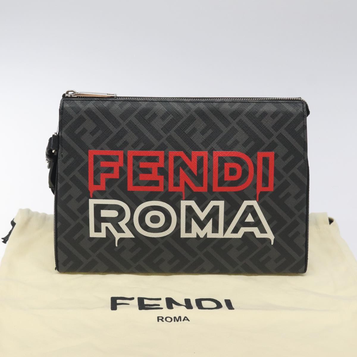 FENDI Zucca Canvas Clutch Bag PVC Black Silver Auth BA3687M