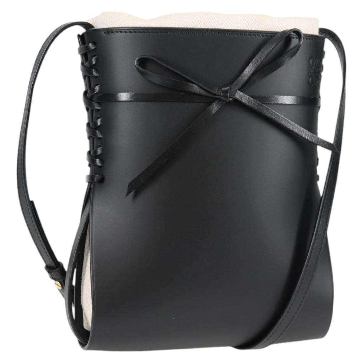LOEWE anagram Ikebana Shoulder Bag Leather Black Gold Auth BA3690M