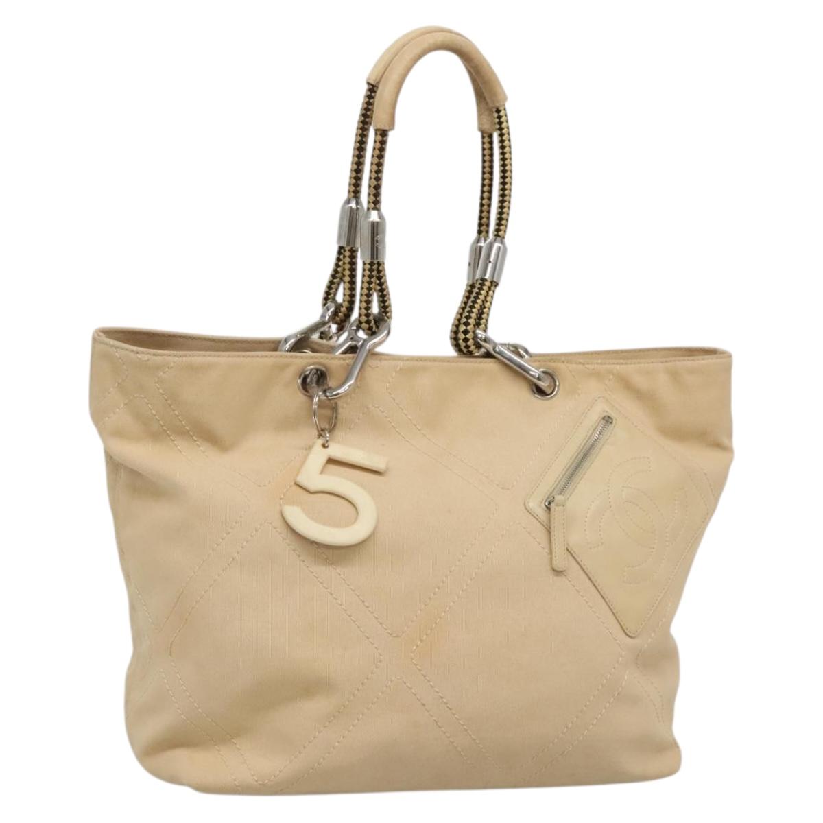 CHANEL COCO Mark Tote Bag Canvas Beige Silver CC Auth BA3696