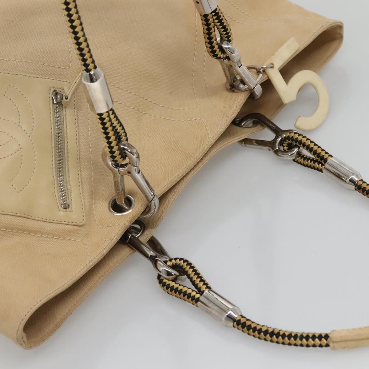 CHANEL COCO Mark Tote Bag Canvas Beige Silver CC Auth BA3696