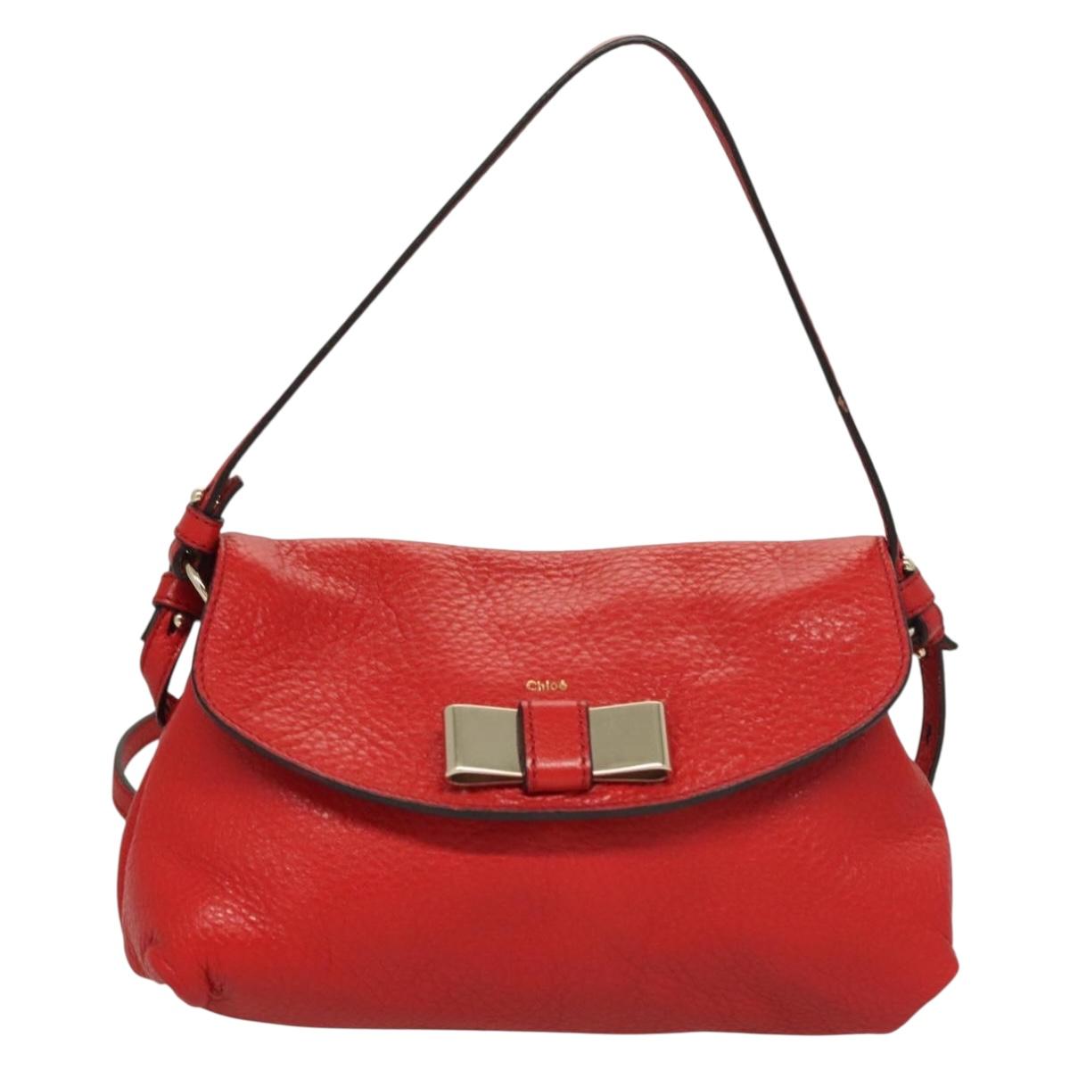 Chloe Lily Hand Bag Leather 2way Red Gold Auth BA3699