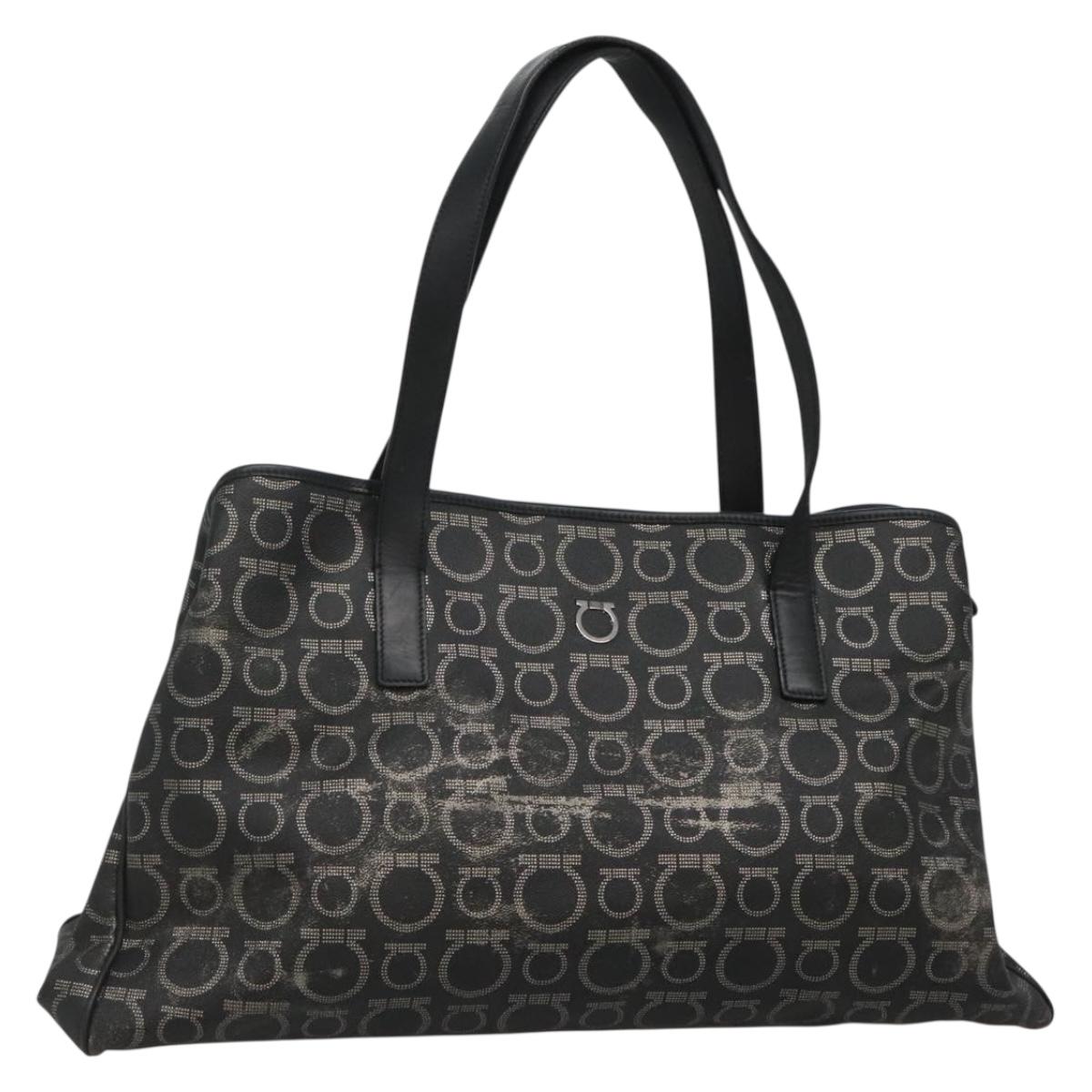 Salvatore Ferragamo Gancini Tote Bag Canvas PVC Black Silver Auth BA3713